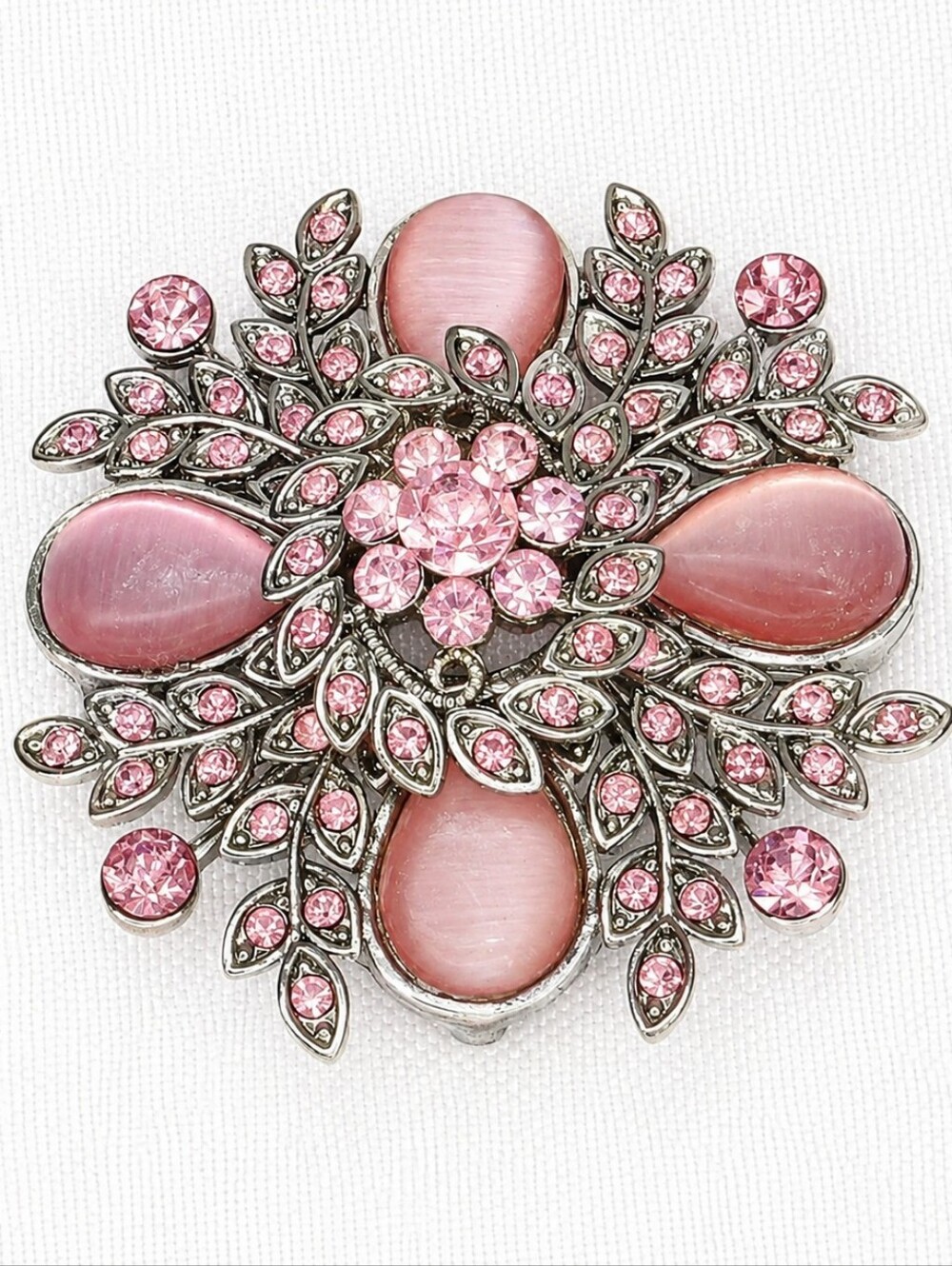 🌸 Pink Cat's Eye Flower Brooch Pendant Rhinestone Silver Tone Convertible Pin